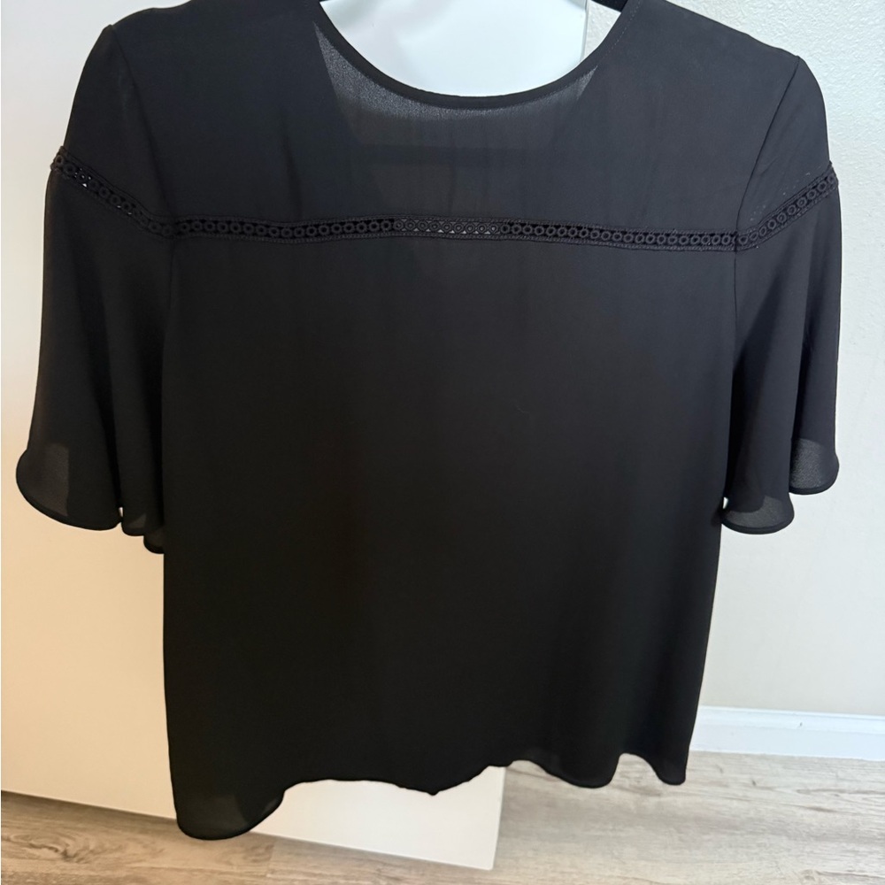 LOFT Black Sheer Yoke Flutter Sleeve Blouse